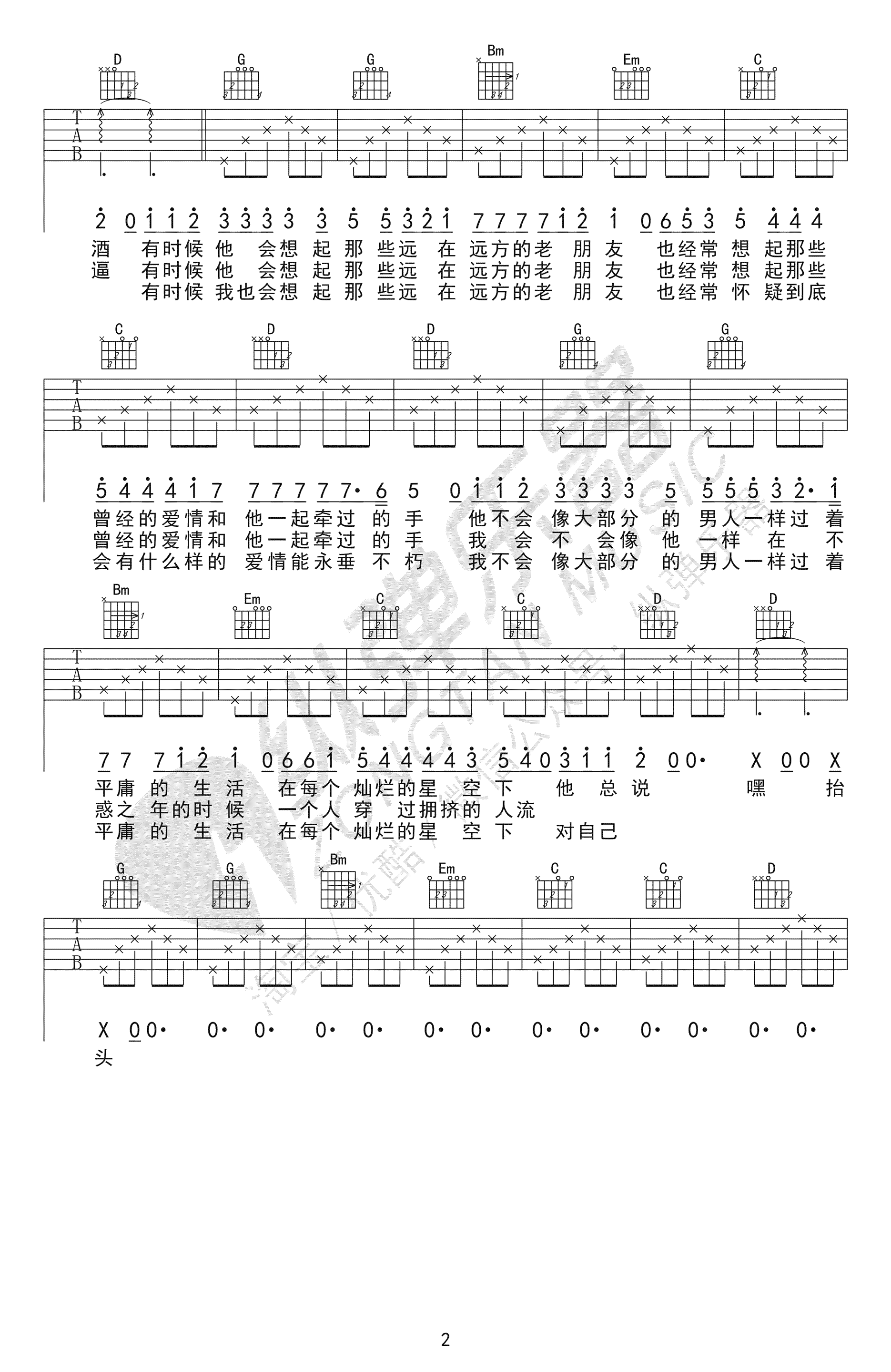 嘿抬头吉他谱 贰佰 G调六线谱 高清版插图2