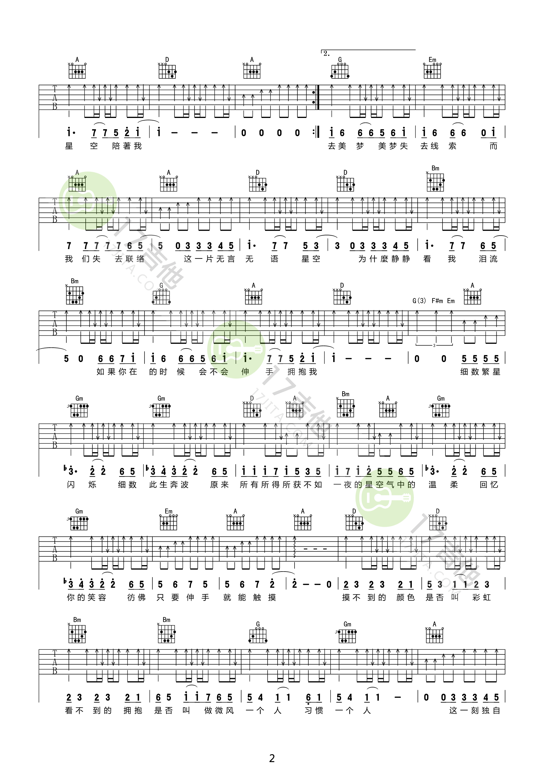星空吉他谱-五月天-《星空》D调原版弹唱六线谱-高清图片谱插图1
